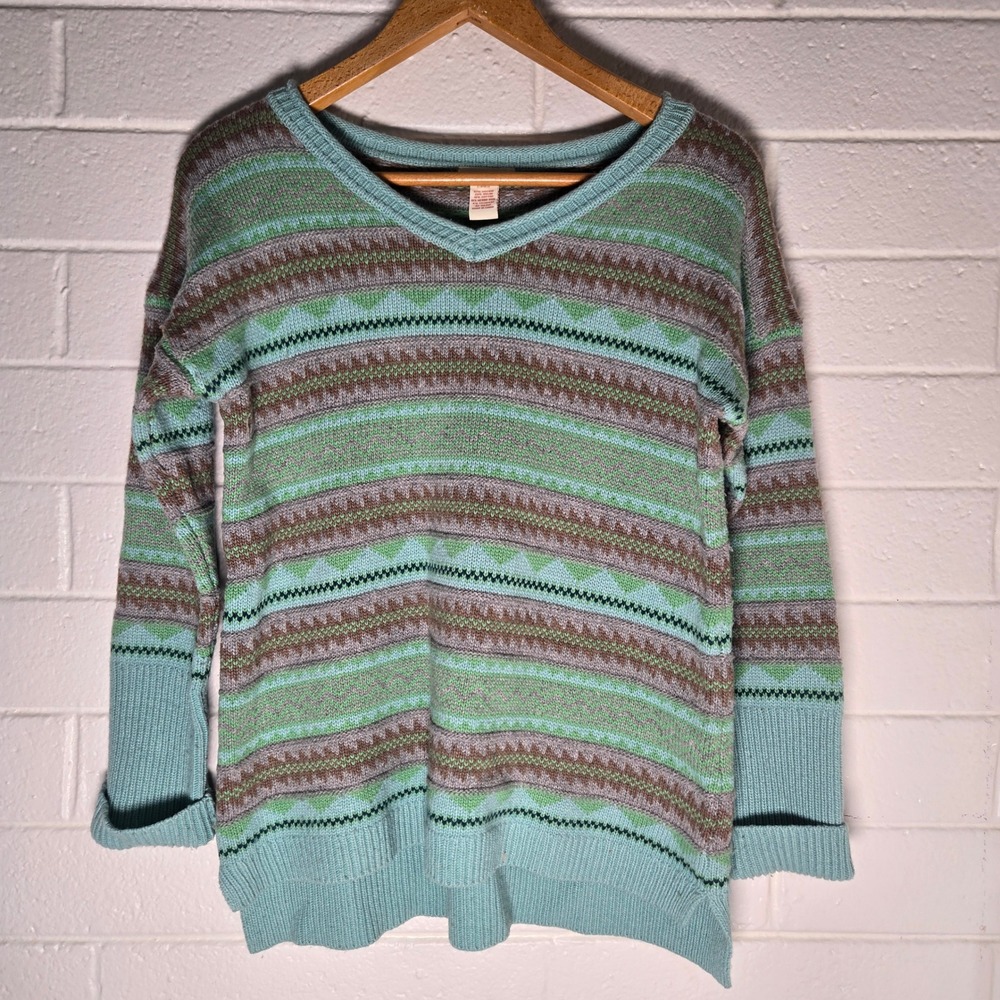 Sundance Sweater Medium Blue Green Fair Isle Merino Wool Cashmere Blend Colorful